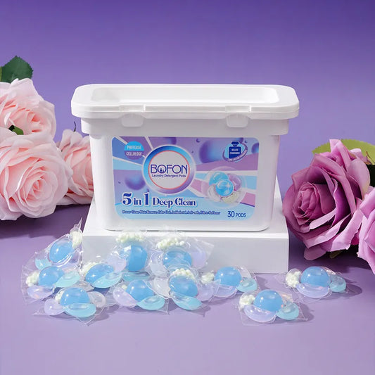 5 in 1 Laundry Detergent Pods, Camellia Scent, 7g x 30 Count, Multi-Chamber Cleaning Beads