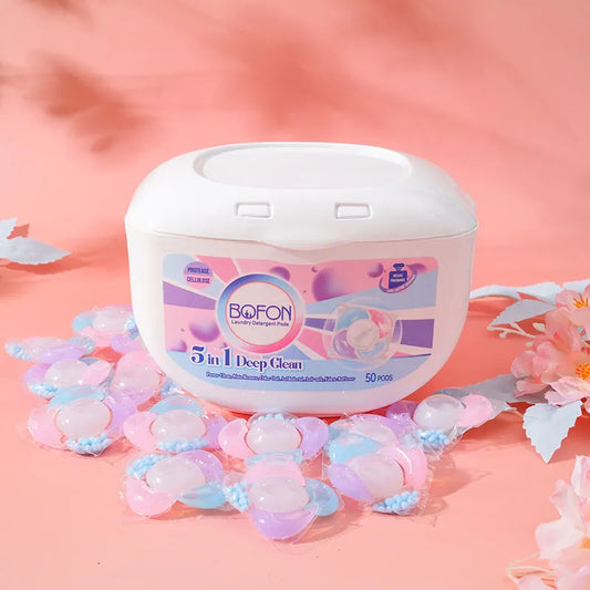 5 in 1 Laundry Detergent Pods, English Pear & Freesia, 12g x 50 Count, Multi-Chamber Beads