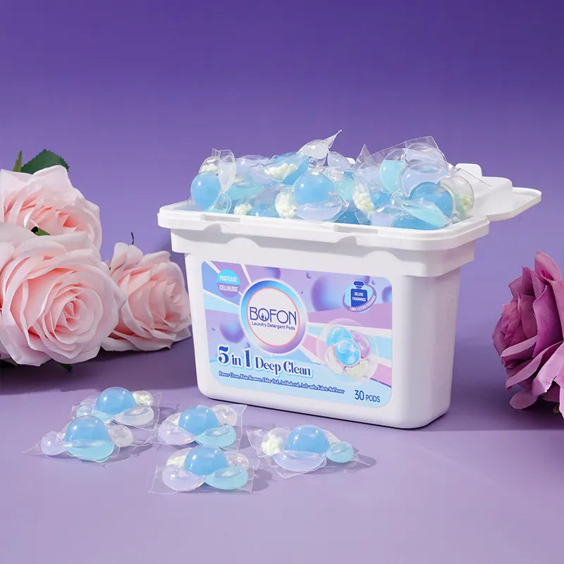 5 in 1 Laundry Detergent Pods, Camellia Scent, 7g x 30 Count, Multi-Chamber Cleaning Beads