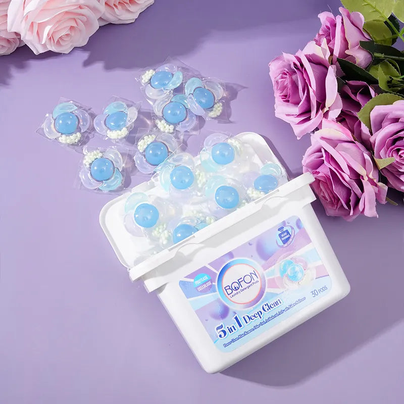 5 in 1 Laundry Detergent Pods, Camellia Scent, 7g x 30 Count, Multi-Chamber Cleaning Beads
