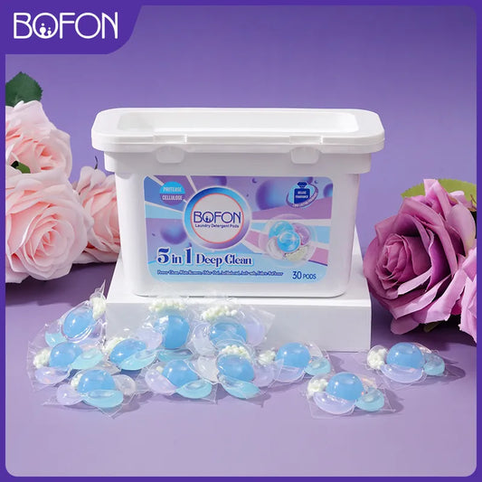 5 in 1 Laundry Detergent Pods, Camellia Scent, 7g x 30 Count, Multi-Chamber Cleaning Beads